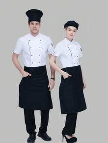 Nova Uniforme de Chef de Manga Curta Unissex, Design Clássico Branco de Alta Qualidade para Hotel, Cozinha dos Fundos, Restaurante Ocidental, Padaria, Café, Floricultura, Livraria, Restaurante Fast Food. Silhueta Elegante e Minimalista, Confortável e Respirável