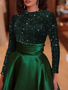 Valentine's Day, Date Night Outfit, Gifts For Her Magic Mia Elegant Satin Midi Dress For Women, Velvet Sequin Contrast, A-Line, Long Sleeves, Crew Neck, No Belt, Holiday Party Dress, Christmas Dress, No Padding, Regular Fit, Solid Color - Dark Green - View 3