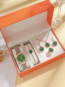 6pcs/Set Girls & Kids Luxury Crystal Quartz Analog Wrist Watch & Jewelry Set, Children's Gift, Halloween Gift, Year-End Promotion, Singles Day (No Box) - Green - View 1