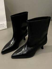 2025新款秋冬宽松直筒简约中筒靴尖头细跟高筒靴西式度假 - 黑色 - 查看 4