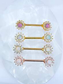 1pc 14G 1.6x14/16mm External Thread Flower Opal Nipple Ring, Punk Piercing Jewelry, Fashionable Gift
