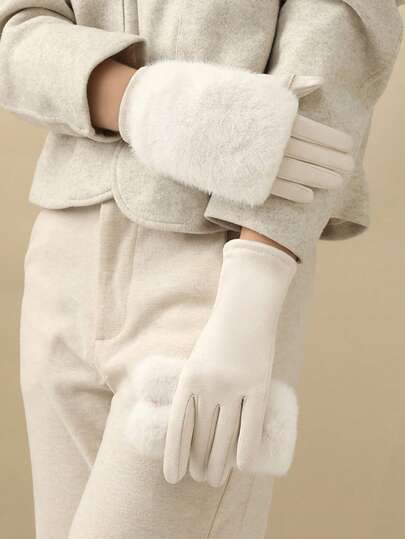 1 件时尚触屏人造毛皮手套，女士保暖绒面无指手套，秋冬