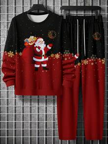 New Fashionable Christmas Santa Claus Print Red Round Neck Sweatshirt & Pants Set, Men Style., Fall Clothes