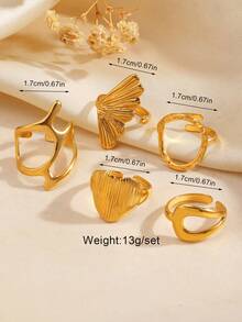 5pcs Stainless Steel 18K Gold Plated Geometric Heart & Circle Ring Set, Fashionable Jewelry Suitable For Women's Daily Wear, Party, And Holiday Gifts - Multicolor - View 6