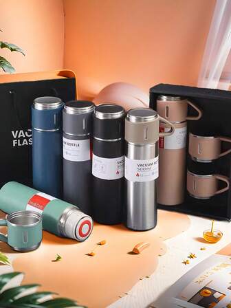 1 pieza Botella de agua de acero inoxidable con aislamiento al vacío de 500ml con 3 tapas, exterior mate cómodo, mantiene las bebidas calientes/frías, mejor opción de regalo para viajes, automóvil, uso diario