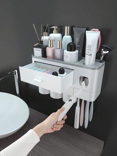 Toothbrush Holders For Bathrooms, 2/3/4 Cups Toothbrush Holder Wall Mounted With Toothpaste Dispenser -Large Capacity For Bathroom Organizers And Storage - Easy To Use & Install, Stylish Bathroom Accessories Set For Bathroom Decor For Bedroom, Laundry Room, Closet, Bathroom, College