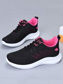 女士休闲运动鞋，轻便舒适的低帮步行鞋，圆头系带休闲跑鞋，网眼透气面料镂空轻便运动鞋