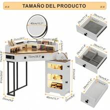 Vlsrka Tocador Vanity de Esquina con Espejo Luz LED y Taburete Taquillas y Compartimentos de Lona Tocador para Recamara con Estacion de Carga Blanco Vintage - Blanco - Ver 2