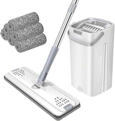 Set Cubo y Fregona con Escurridor, Fregona Suelo de Madera, Fregona de Pared, Apto para Todo Tipo de Suelos y Ventanas, 6 Bayetas de Microfibra Lavables y Reutilizables