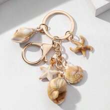 1pc Unisex Natural Dual-Tone Seashell Keychain, Cloud Spiral Shell & Starfish Pendant, Summer Beach Series Gift For Friends, Keychain Accessory - Kaki 3 - Xem 2