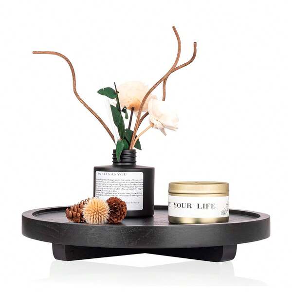 1 pieza Bandeja decorativa redonda, organizador de encimera de baño de madera, decoración de cocina rústica, elevador de madera para plato de jabón, perfume, vela, esponja, 9 pulgadas