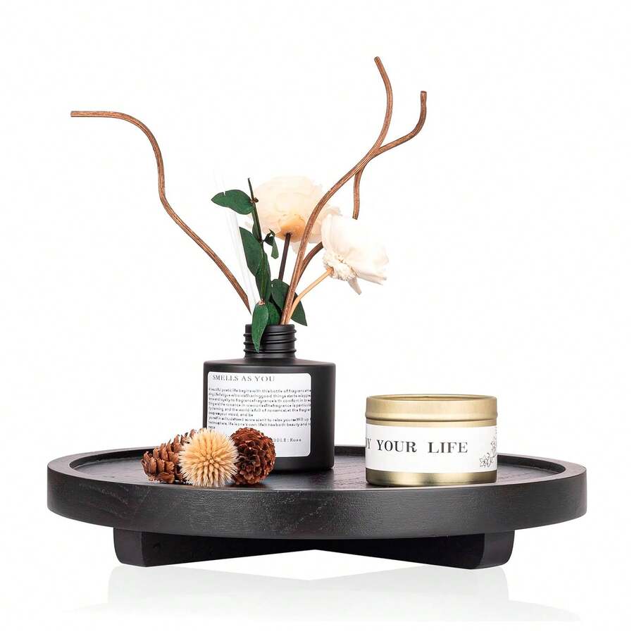 1 pieza Bandeja decorativa redonda, organizador de encimera de baño de madera, decoración de cocina rústica, elevador de madera para plato de jabón, perfume, vela, esponja, 9 pulgadas