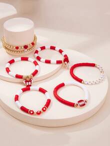 7/8Pcs Game Day Football Sports Themed Polymer Clay Beaded Bracelet Set - Stackable Red White & Red Black Team Spirit Bracelets For Women - Olives - View 3