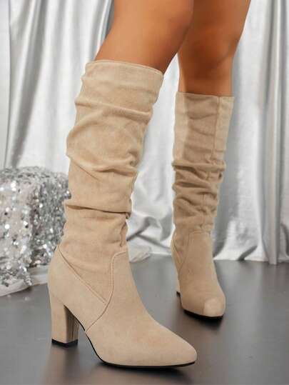 Women's Fashion Chunky Heel Mid-Calf Pointed Toe Pleated Boots