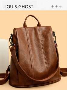 女式皮革背包高品质女士背包奢华设计师大容量休闲背包女孩包，学校背包 - 棕色 - 查看 2