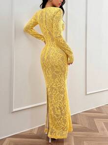 魅力优雅性感假日约会极简派对长袖蕾丝边V领紧身连衣裙 - 黃色 - 查看 9