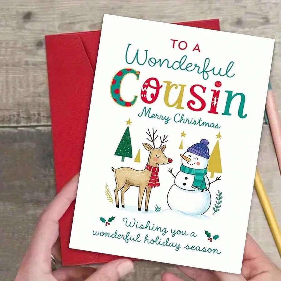 1pc Festive Christmas Card For Cousin - "To A Wonderful Cousin Merry Christmas" Greeting With Reindeer, Snowman & Holiday Decorations - Perfect Family Gift For Winter Celebrations, Holiday Greeting Card|Playful Design|Paper Christmas Card, Christmas Cards