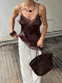 Women's Lace Trim Asymmetrical Camisole Spaghetti Strap V - Neck Satin Tank Top Casual Party Wear - màu nâu - Xem 2