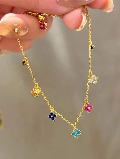 1件装时尚彩色钻石四叶草手链，DIY首饰制作，女士及女孩日常配饰