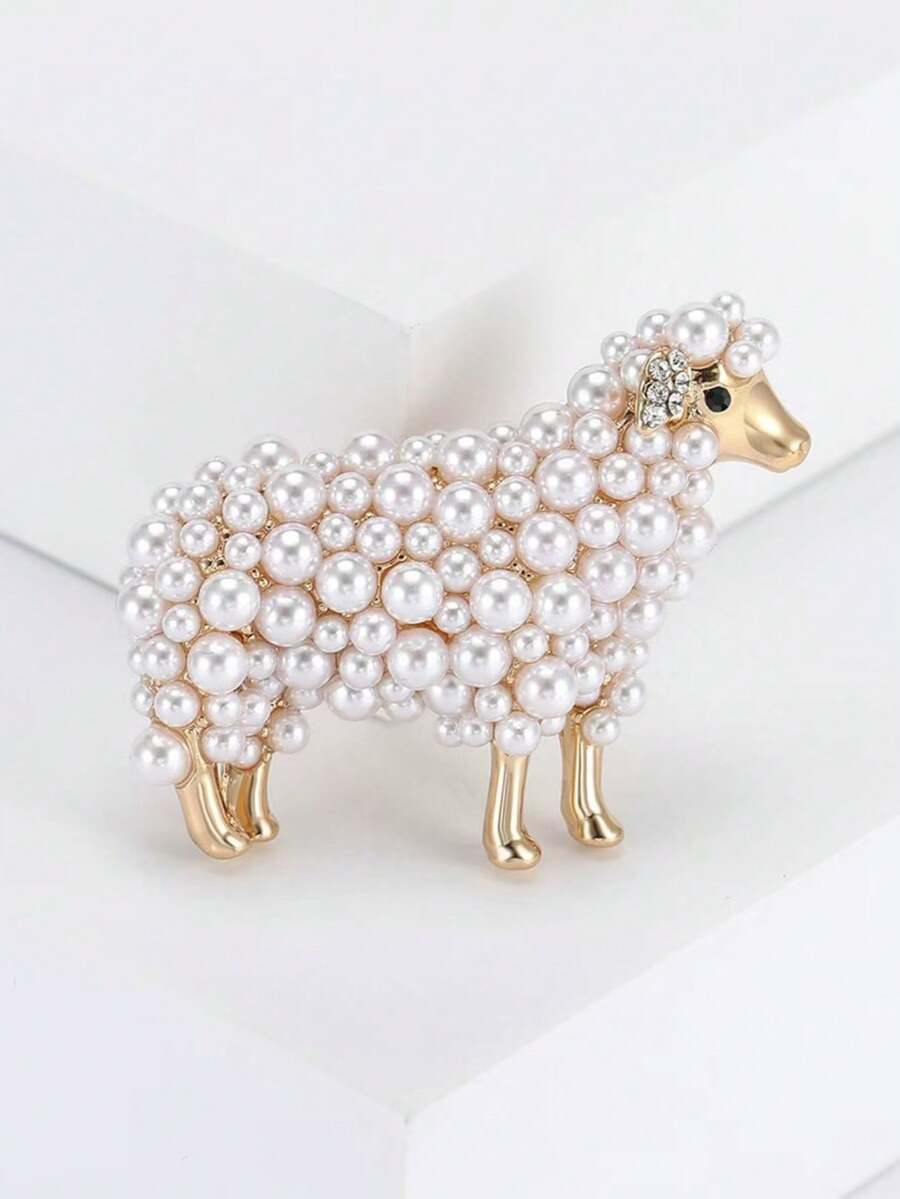 1pc Exquisite Sheep-Shaped Faux Pearl Brooch Pin - Elegant Rhinestone Accents, Fashionable Accessory For Scarves, Sweaters, Dresses, And Coats - Perfect Decoration For Any Occasion