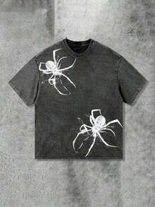 Y2K Spider Print T-Shirt (230g Pure Cotton Washed T-Shirt)% Pure Cotton Fabric-Men And Women Street Retro Loose Casual Hip-Hop Washed T-Shirt, Retro - 黑色 - 查看 1