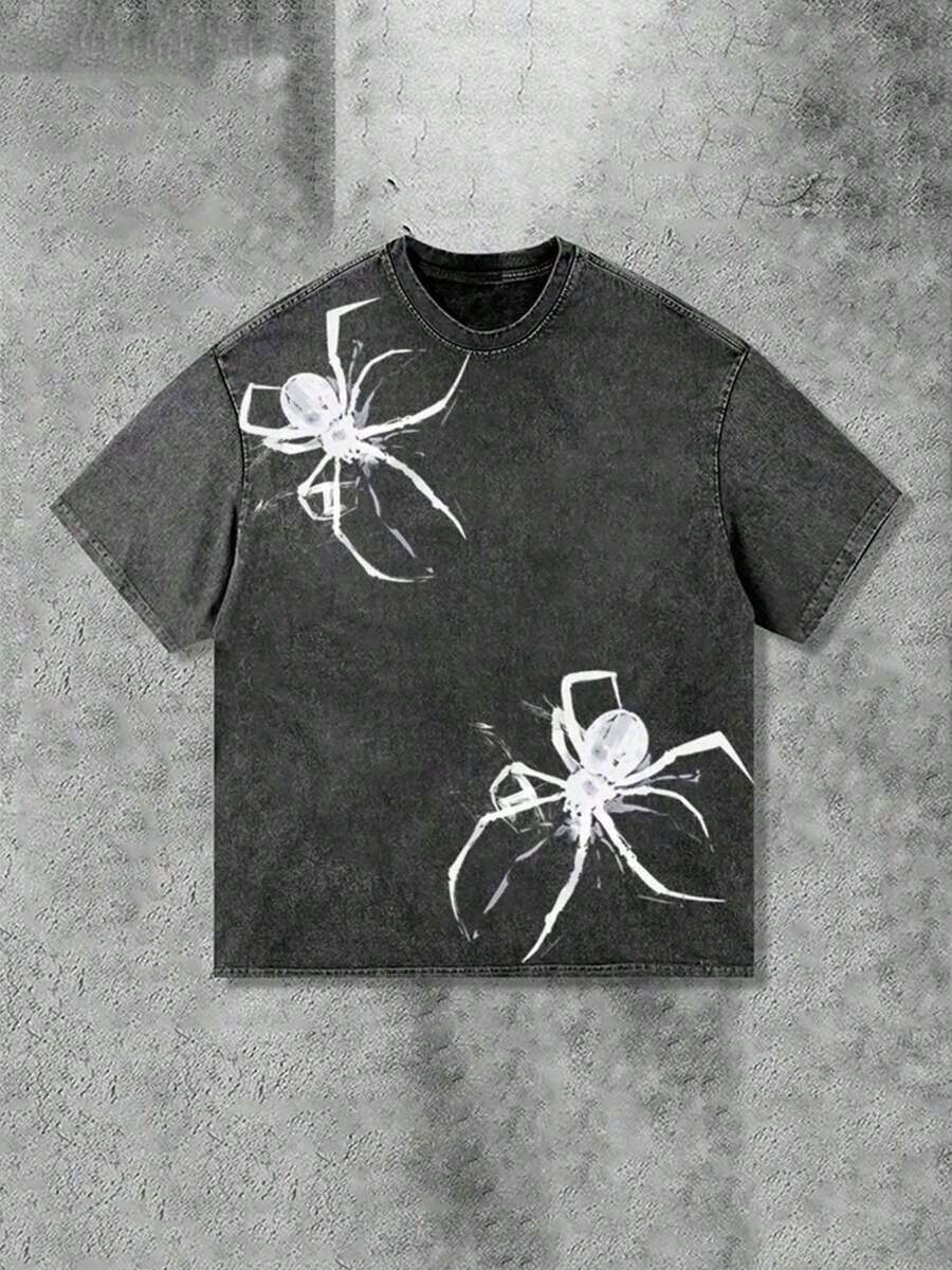 Y2K Spider Print T-Shirt (230g Pure Cotton Washed T-Shirt)% Pure Cotton Fabric-Men And Women Street Retro Loose Casual Hip-Hop Washed T-Shirt, Retro - 黑色 - 查看 1