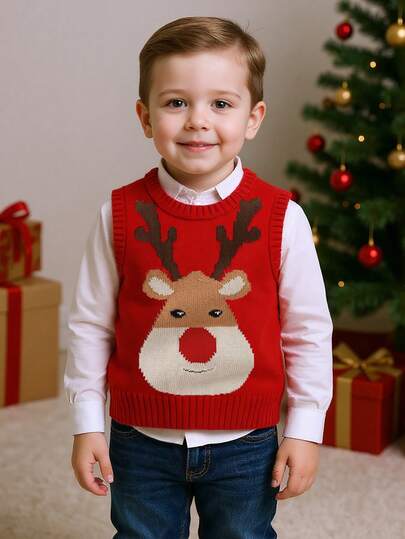 BOARNSEORL Chaleco de punto con renos navideños para niños pequeños, adecuado para fiestas navideñas, Navidad, Año Nuevo y uso diario
