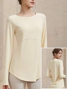 女士健身瑜伽上衣，速干运动服，适合跑步、健身房锻炼，弹力压缩打底衫 - 奶油白 - 查看 4