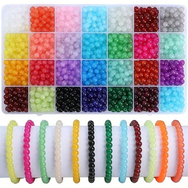 1400pcs 28 Colors 6mm Round Glass Beads Jewelry Making Kit, DIY Bracelets, Necklaces, Earrings, Suitable For Holidays, Parties, Beach Vacations