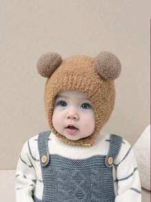 1 件米色双绒球针织婴儿帽，带下巴带，舒适护耳婴儿帽，冬季保暖护耳婴儿帽 - 駝色 - 查看 7