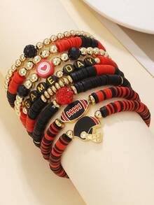 7/8Pcs Game Day Football Sports Themed Polymer Clay Beaded Bracelet Set - Stackable Red White & Red Black Team Spirit Bracelets For Women - Olives - View 11