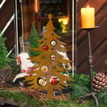 1 pieza Estaca de árbol de Navidad de metal vintage oxidado - Decoración navideña resistente a la intemperie para exteriores, con diseño de estrella y adorno, perfecta para patio, césped, porche o cerca, decoración del hogar y jardín para Navidad