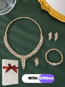 5 件套夸张镀金水钻全宝石项链、耳环、戒指、手链套装，适合女士婚礼派对 - 金黃色-4 - 查看 15