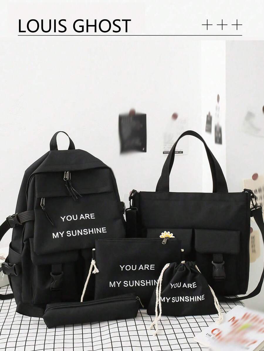 4pcs Women's Fashionable Backpack Set Including Large Capacity Backpack, Shoulder Bag, Pencil Case, And Coin Purse - Black - View 1