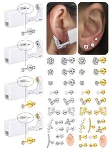一次性耳洞枪套装，耳洞穿刺套装，自穿耳洞套装，金银耳环，防过敏不锈钢穿孔工具，家用 20G 人造珍珠耳钉和 2mm 3mm 4mm CZ 平背耳钉 - 彩色 - 查看 1