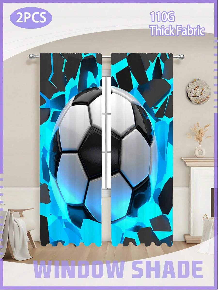 2 Peças Cortinas com Tema de Futebol de 110g, Bloqueando a Luz Solar e o Brilho, Deixando o Ambiente Mais Escuro, Reduzindo os Raios UV e o Calor, Protegendo a Privacidade, Adequado para Uso na Sala de Estar, Quarto, Quarto de Crianças, Quarto, Creche e Quartos Juvenis