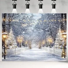 1 Toile de fond de conte de fées d'hiver, scène de forêt enneigée en polyester, décoration murale polyvalente pour les fêtes, sans électricité, convient pour la décoration extérieure et les fêtes.