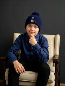 1pc Kids 26 Alphabet Print Knitted Hat, Warm Winter Daily Wear For Baby Girls - Navy Blue - View 3