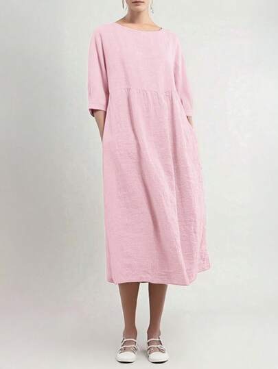 女士休闲宽松连衣裙，圆领，带口袋，长袖，纯色，适合春季、夏季、度假、休闲、返校等场合，优雅柔软。