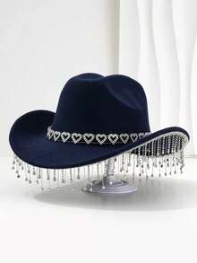 1PC Unique British Style Elegant Cowboy Hat For Men And Women, With Heart-Shaped Diamond Hat Chain, Tassel-Shaped Pendant, Bohemian Style Wide Top Hat, Colorful And Vibrant, Suitable For Western Theme Events, Role Play, Graduation, Graduation, Masquerade, Masquerade, Wedding, Celebration, Halloween Party