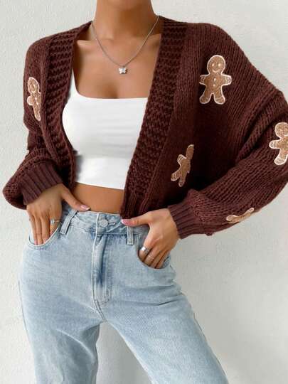 Winter Clothes Women's Christmas Open Front Cardigan Elegant Long Sleeve Gingerbread Man Embroidered Cropped Cardigan Fall Outwear