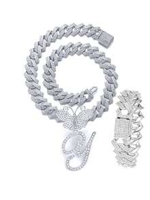 银色女士项链 A-Z 首字母个性化嘻哈经典蝴蝶字母吊坠链项链和手链套装饰物 26 个幸运字母，适合男女日常佩戴情人节时尚珠宝礼物，妈妈，母亲，母亲节，礼物 - 蝴蝶型 - 查看 78