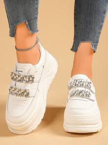 女式厚底坡跟运动鞋，新款水钻钩环休闲白鞋，学生百搭鞋 - 白色 - 查看 3