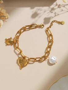 Mazuer 1 Stück 18K vergoldetes Edelstahl Vintage Stil personalisiertes Perlen Herz Schildkröten Armband, Geschenk für Frauen, Y2K Western Schmuck, geeignet für Schulanfang, Feiertage, Partys, Alltag, Urlaub