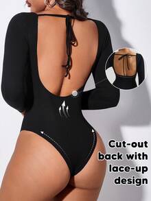 Women's Openback Square Neck Long Sleeve Tummy Control Bodysuit Shapewear - Black - View 2