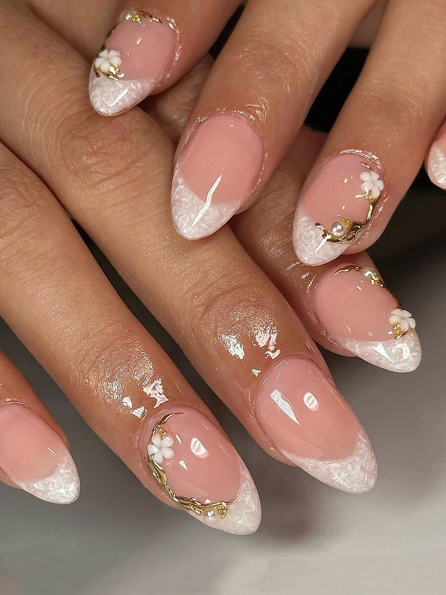 24片装短款杏仁形美甲贴纸，白色渐变法式美甲贴片，可爱3D立体花朵金珠美甲套装（包含：果冻胶和指甲锉），适合女性日常约会和派对美甲用品 - 彩色 - 查看 1