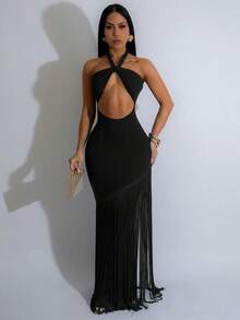 Women's Solid Color Hollow Out Design Bodycon Halter Sexy Party Dress - Black - View 4