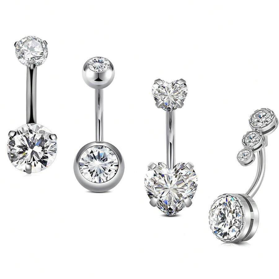 14G 不锈钢肚脐环，心形 CZ 肚脐铃穿孔，可爱肚脐穿孔首饰，适合女性 - 銀色 - 查看 1