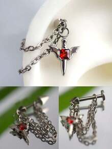 1 件装深色风格红色翼链钛钢魔鬼尖刺耳软骨耳钉 - 銀色 - 查看 2