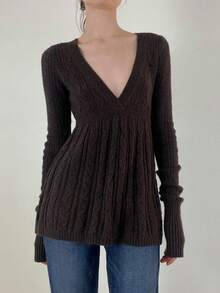 Women's Fall Sweater Long Sleeve V Neck Cable Knit Ruffle Babydoll Sweater Tops - Brown - View 1